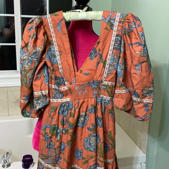 Anthropologie Love the Label Puffed Sleeves Orange Floral Tiered MIDI Dress XS - Picture 10 of 15